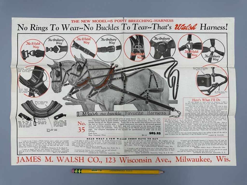 1928 James Walsh HORSE HARNESS Collars FARM Advertising MILWAUKEE Wisconsin