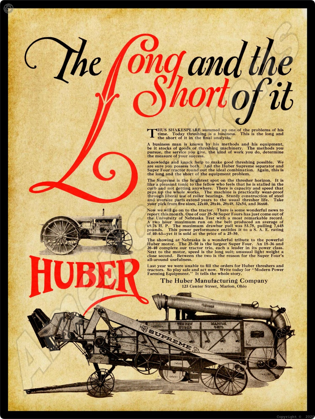 Huber Supreme Thresher, Super 4 NEW Metal Sign – 24″x30″ USA STEEL XL Size 7 lbs