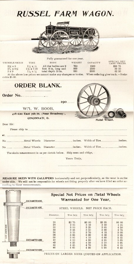 1890’s Wm. W. Boob, Mfg of Wheels, Gears, Buggies/Flyers, Add Sheets, Catalog 17