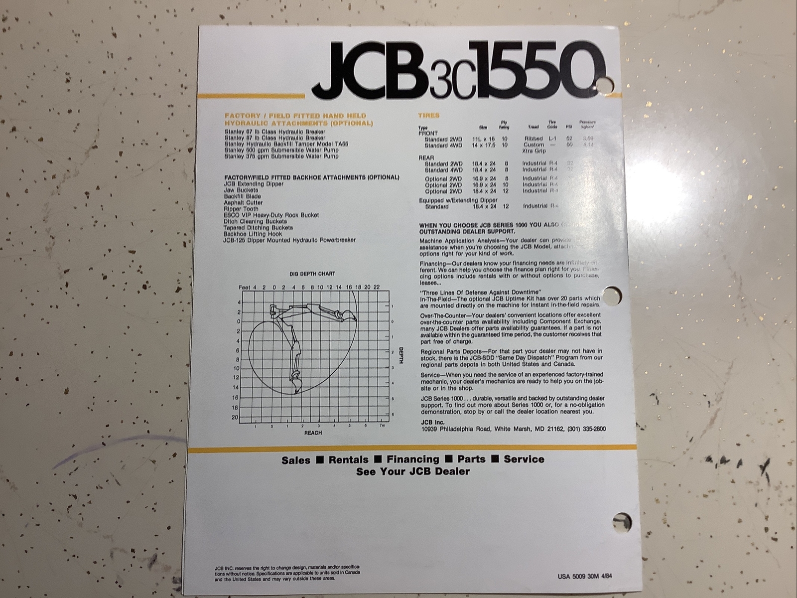 JCB 3C 1550 BACKHOE LOADER 6 PAGES 1984