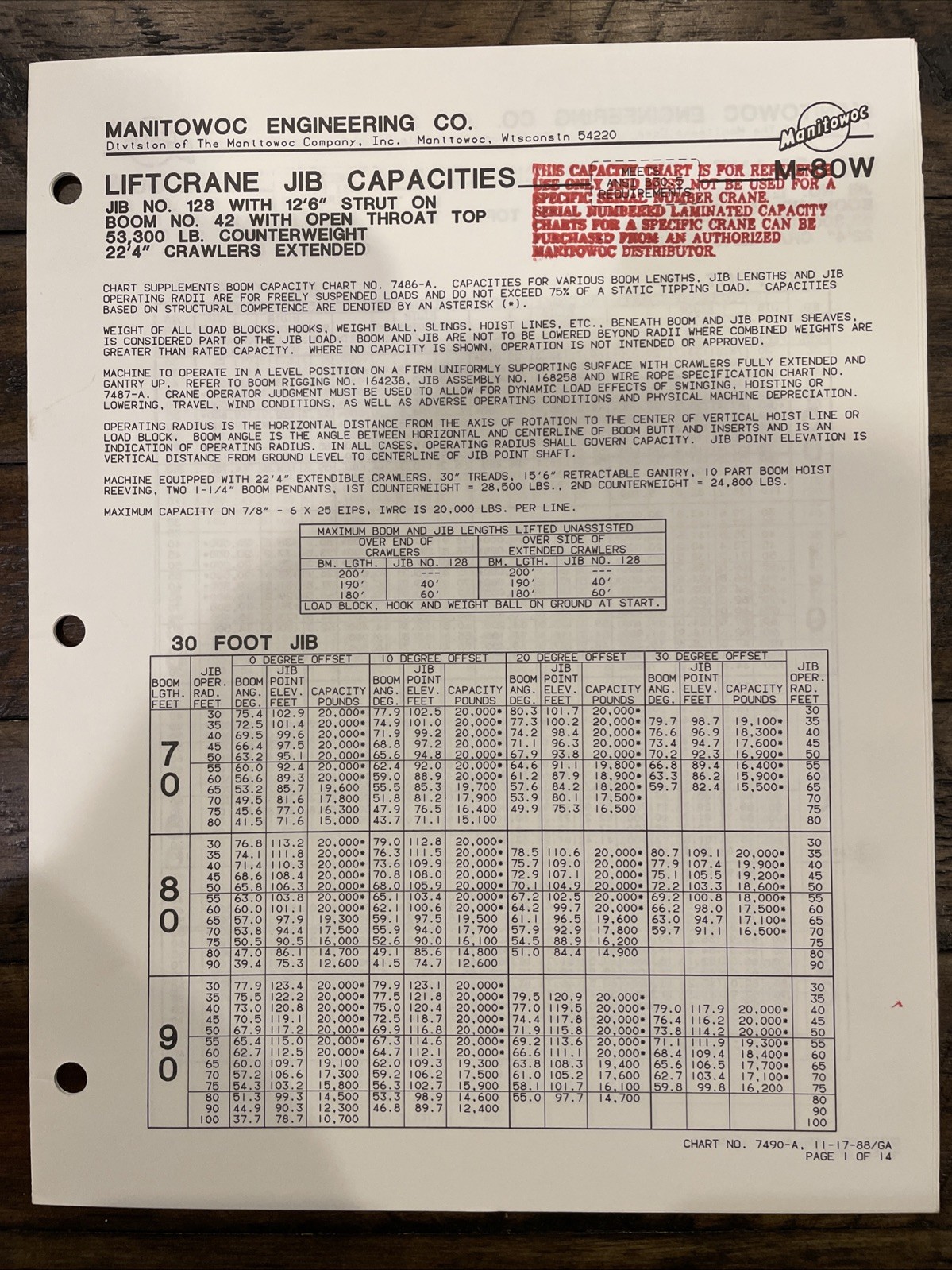 Manitowoc M-80W Crane Brochure And Capacity Charts ‘88/‘89