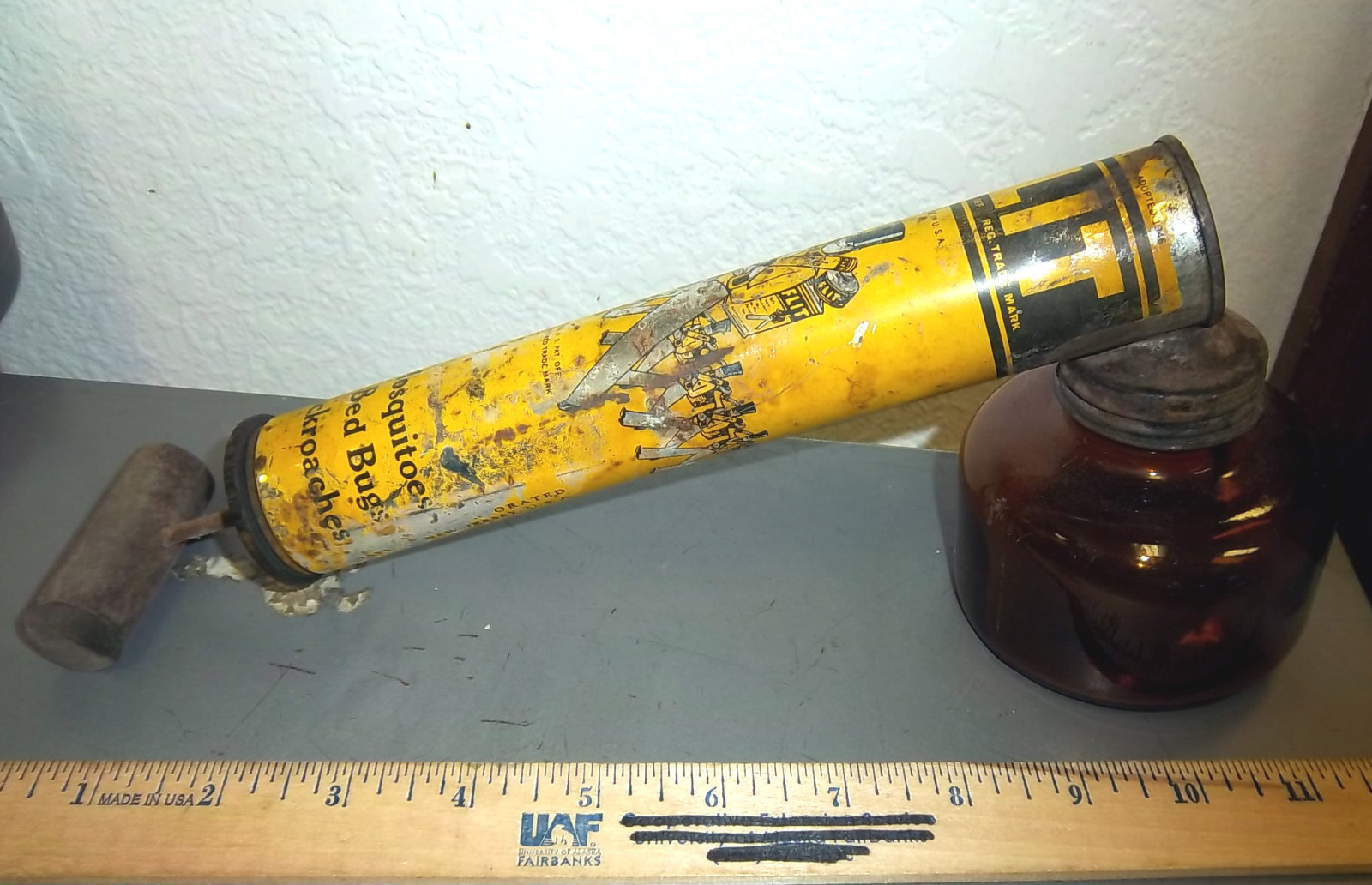 vintage FLIT sprayer, wood handle & amber glass container, great colors!!