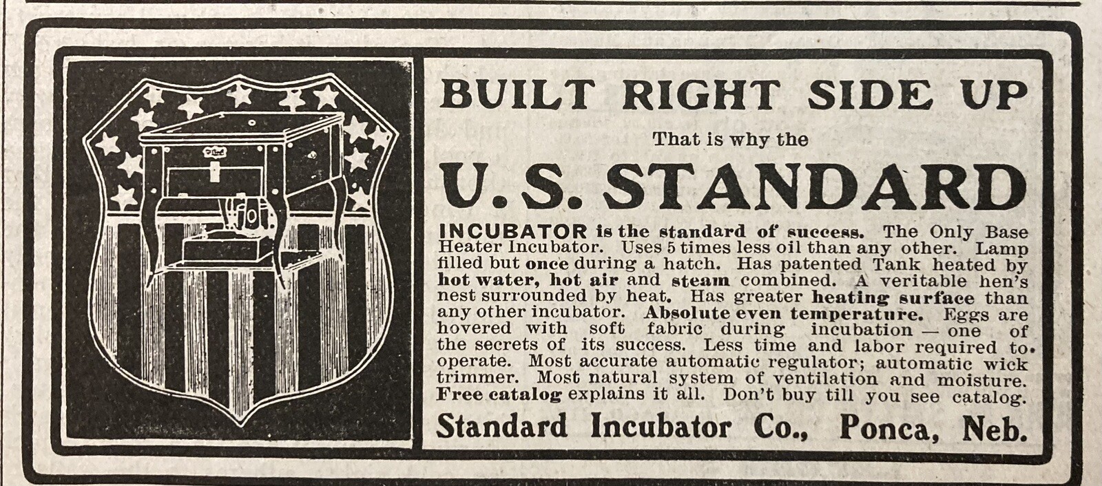 1903 AD.(XH63)~STANDARD INCUBATOR CO. PONCA, NEB. U.S. STANDARD INCUBATORS