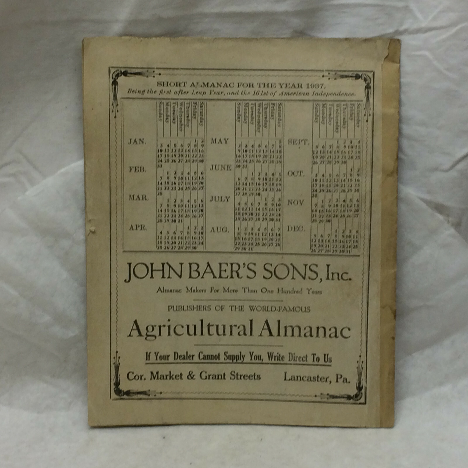 Vintage 1937 John Baer’s Sons Lancaster PA Agricultural Almanac