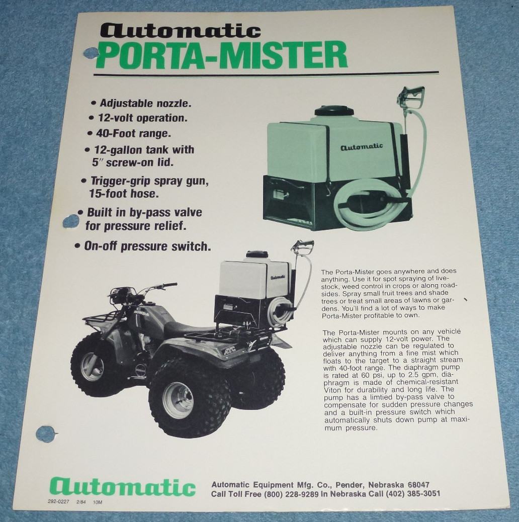 Vtg 1984 Automatic Porta-Mister Sprayer Farm Equipment Brochure Sheet Pender NE