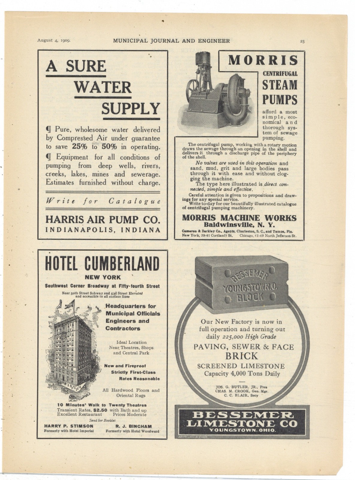 1909 Morris Machine Works of Baldwinsville New York Ad: Centrifugal Steam Pumps