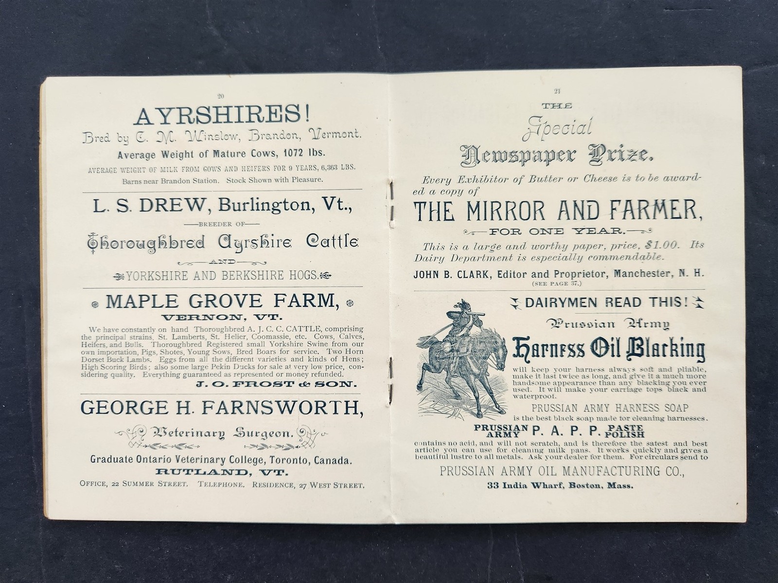 1890 antique VERMONT DAIRYMEN’S ASSOC w ADS PROGRAM EXHIBIT 29th annual meeting