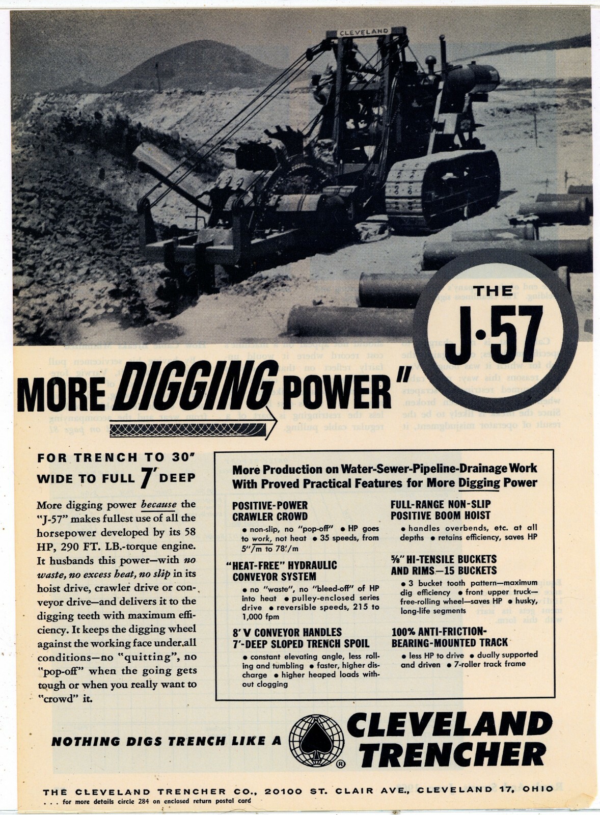 1963 Cleveland Trencher Ad: J-57 Model w/ Specs – Cleveland, OhiO
