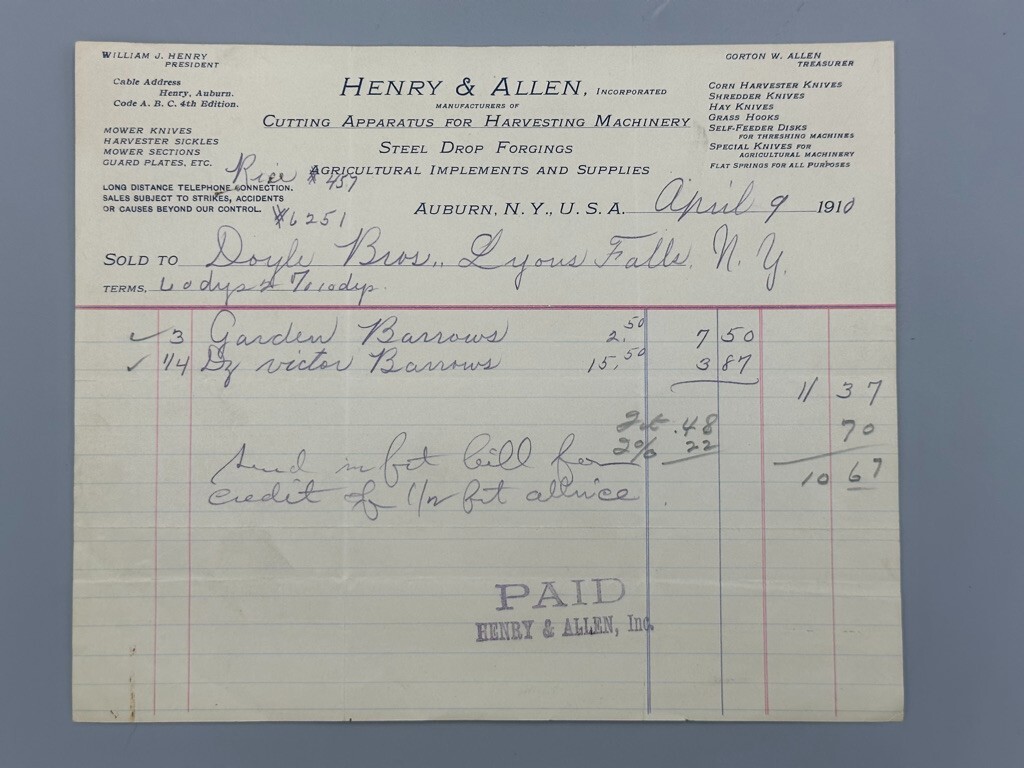1936 HARVESTER Henry & Allen FARM IMPLEMENTS Advertising Letterhead AUBURN NY