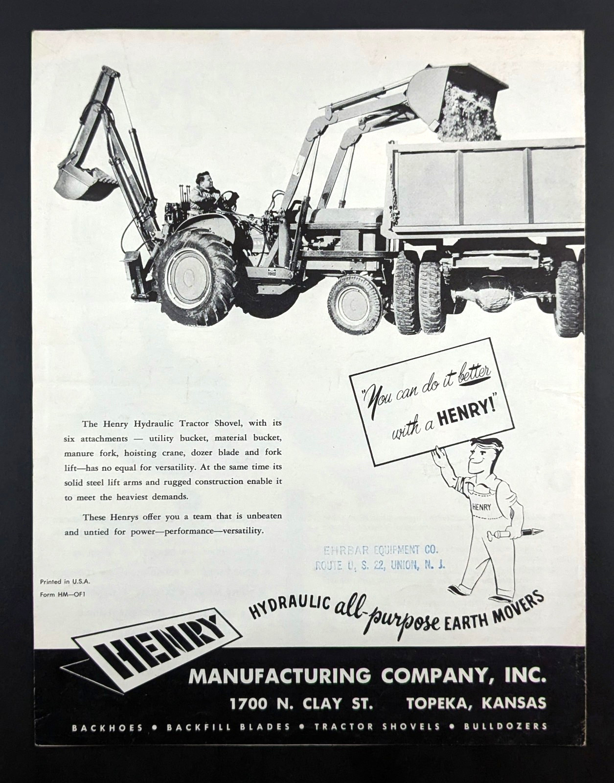 1950s Henry Hydraulic Backhoe Brochure Tractor Shovel Henry Mfg Co Topeka Kansas