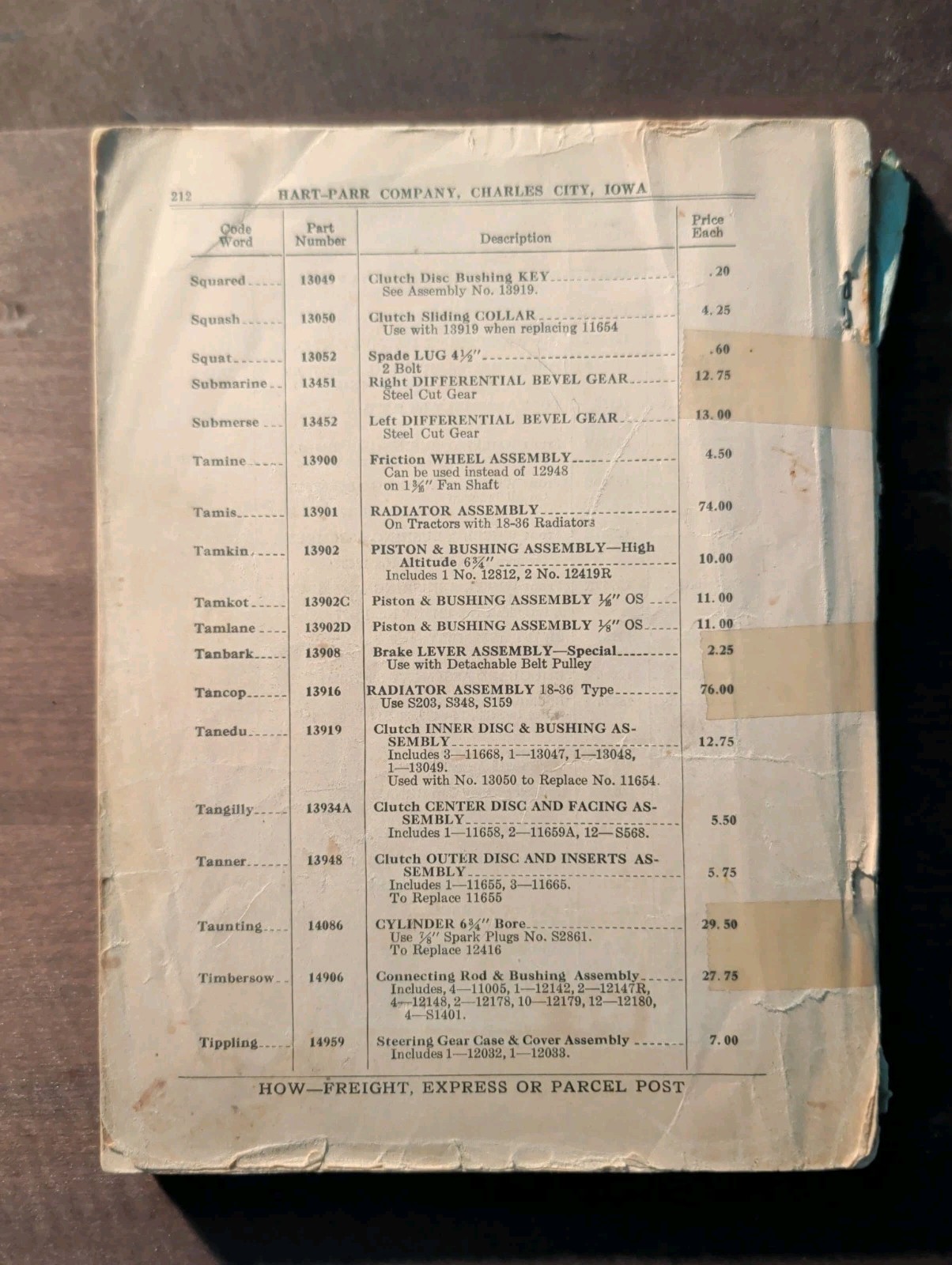 1929 Parts Price List for Hart-Parr “30” – “16-30” Tractor Serial # 8401 – 26000
