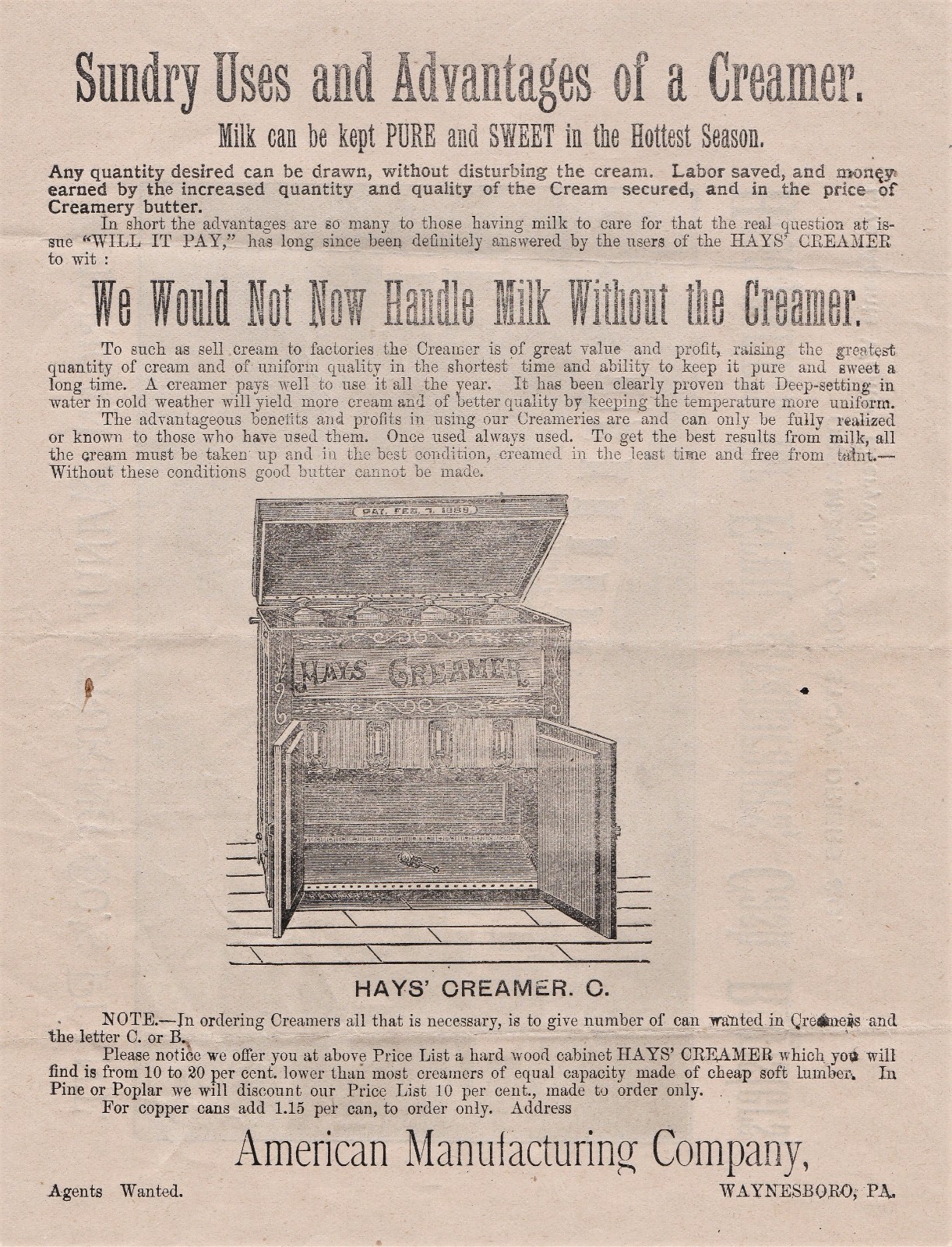 RARE Advertising Catalog / Flyer Hays Farmers Cabinet Creamer 1880 Waynesboro PA