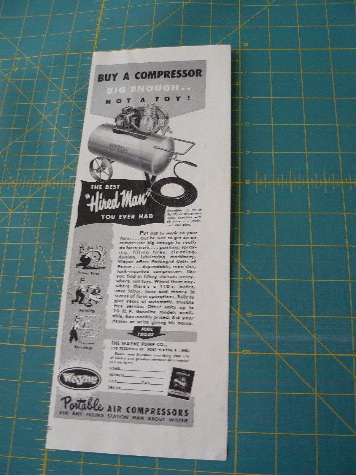 THE FARM QRTLY- Aug 1949 -ad- WAYNE PORTABLE AIR COMPRESSORS / Fort Wayne, IND