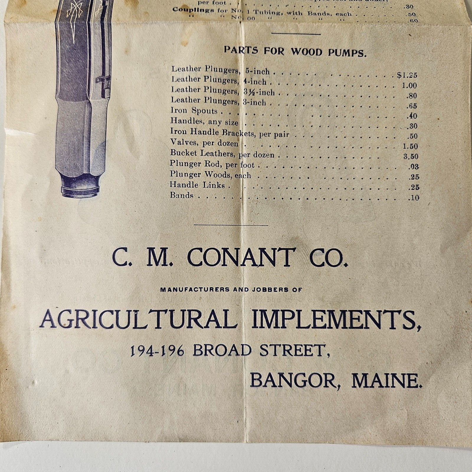 Late 1800’s Conant Co Bangor Maine Sales Brochure Wood & Bucket Chain Water Pimp