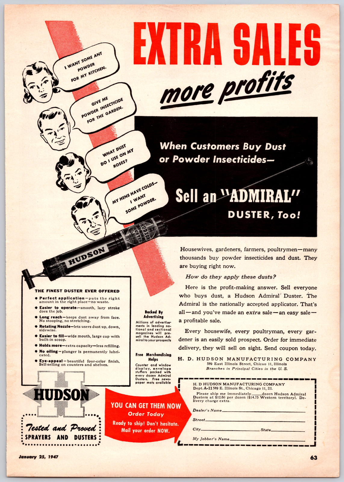 1947 Print Ad H D Hudson Chicago IL Extra Sales More Profits Sprayers & Dusters