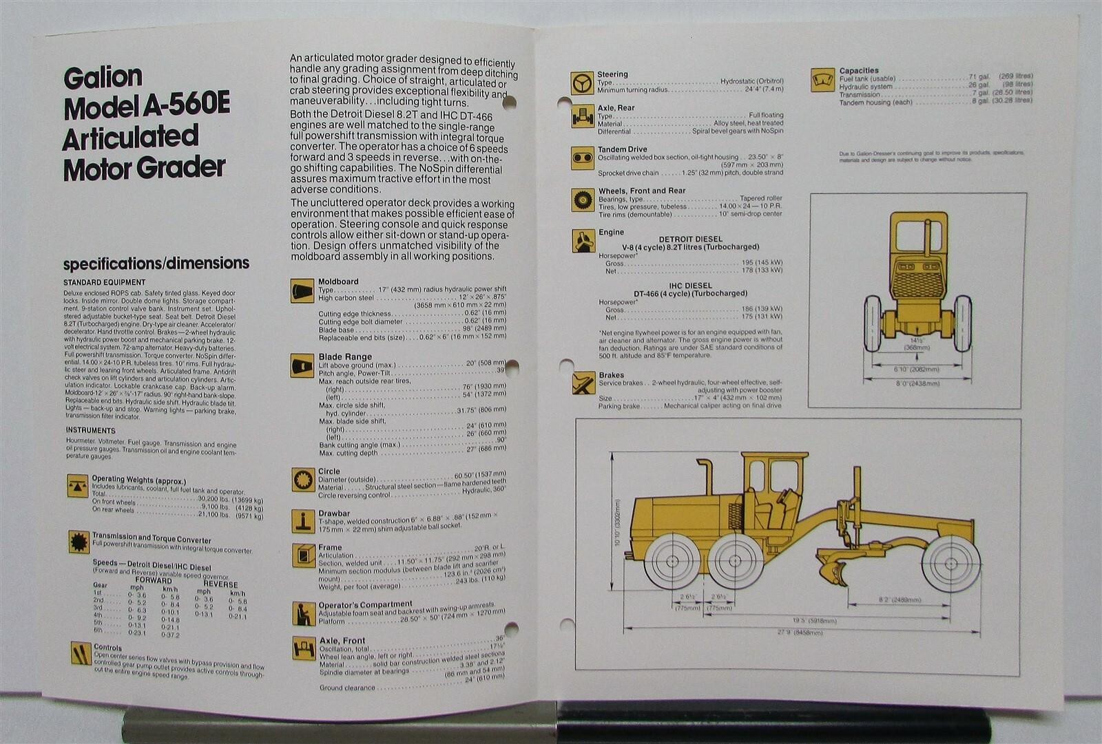 1984 Galion A560E Articulated Motor Graders Specs Construction Sales Brochure