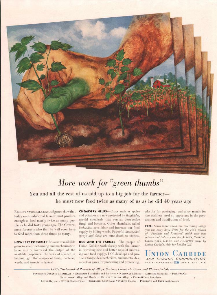 1953 Union Carbide PRINT AD Details More work for “Green Thumbs” Farmer Science