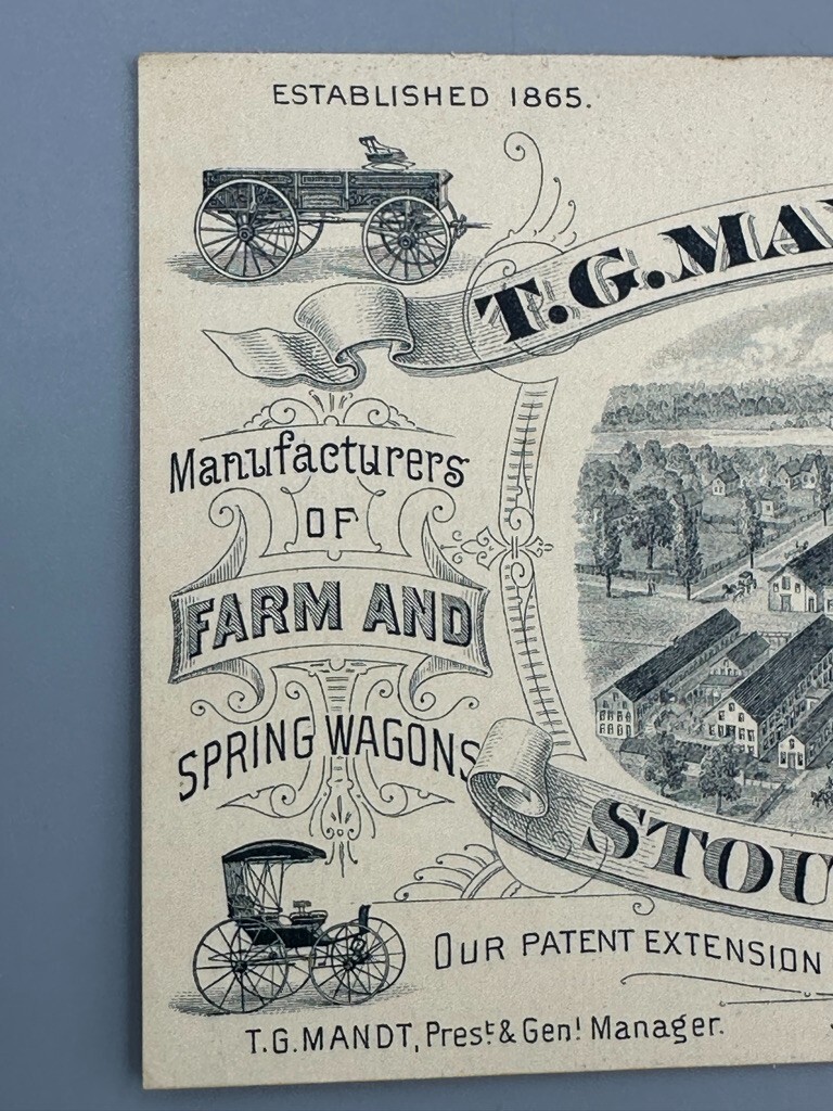 1880s T G Mandt FARM WAGON Carriage BOB SLEIGH Advertise Trade Card STOUGHTON WI