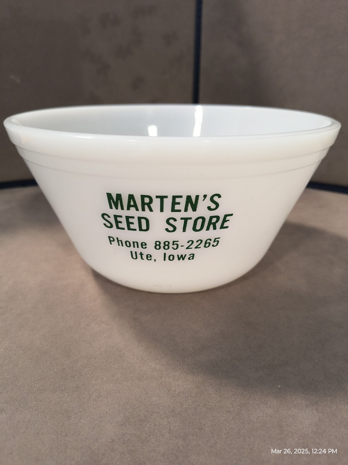 Vintage Federal Glass Marten’s Seed Store Ute, Iowa Advertising Mixing Bowl P5