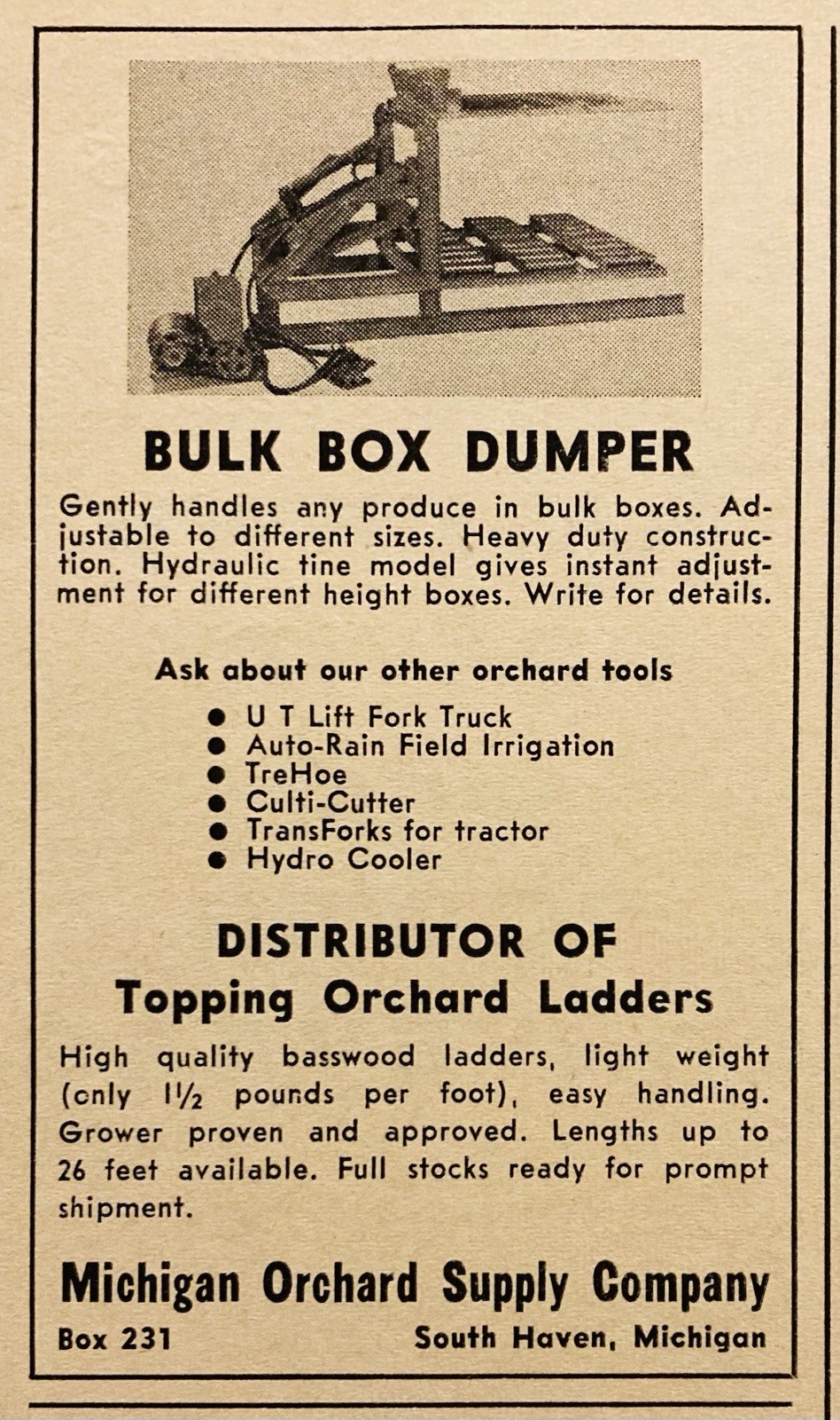 1959 AD.(PC10)~MICHIGAN ORCHARD SUPPLY CO. SOUTH HAVEN, MI. BULK BOX DUMPER