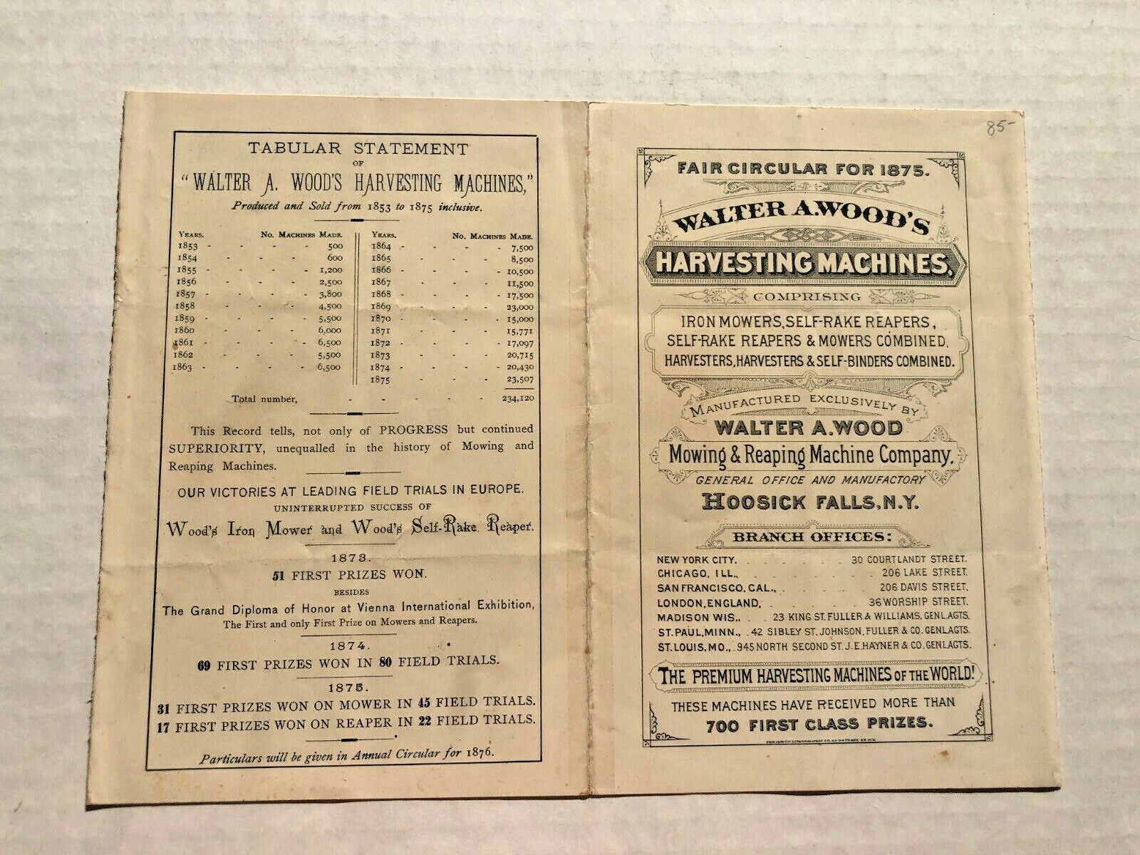 1876 Walter A Wood Harvesting Machines Sales Brochure w/ Color Illustrations