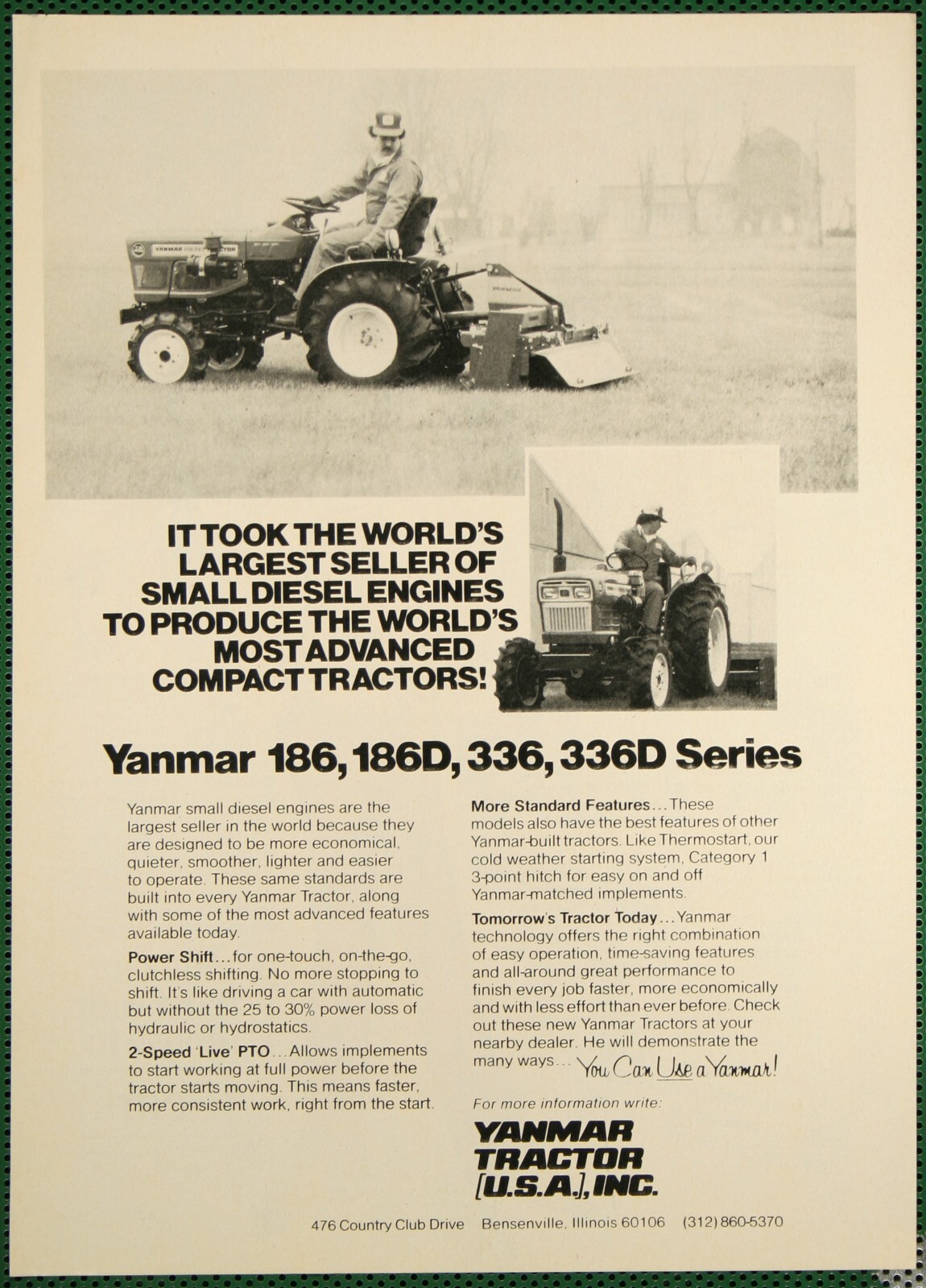 Yanmar Compact Tractors 186 186D 336 336D Diesel Engines Vintage Print Ad 1980