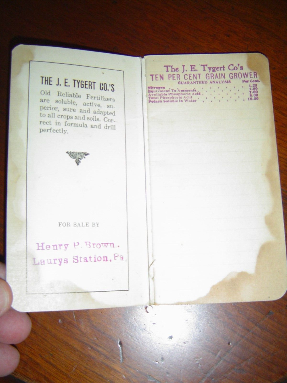 1915 J E Tygert Fertilizers Philadelphia, PA Henry P Brown Laurys, PA Notebook