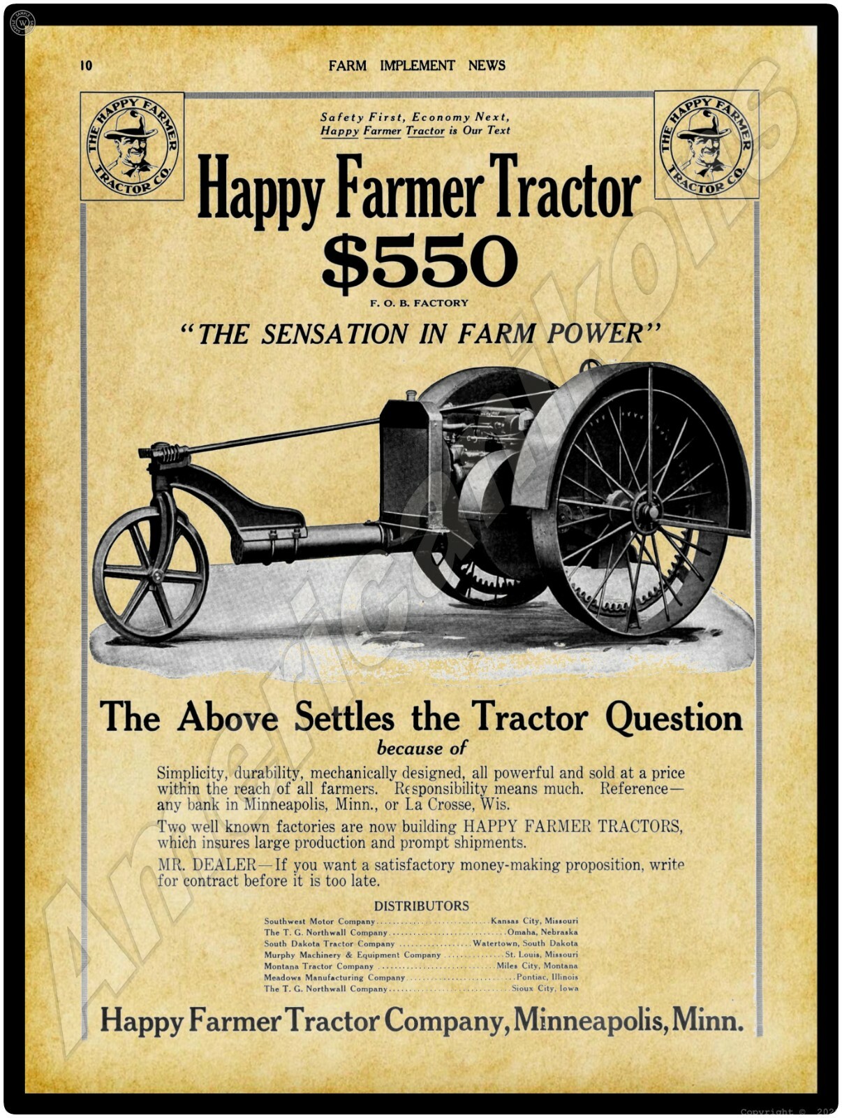 1916 Happy Farmer Tractor New Metal Sign: Minneapolis, MN