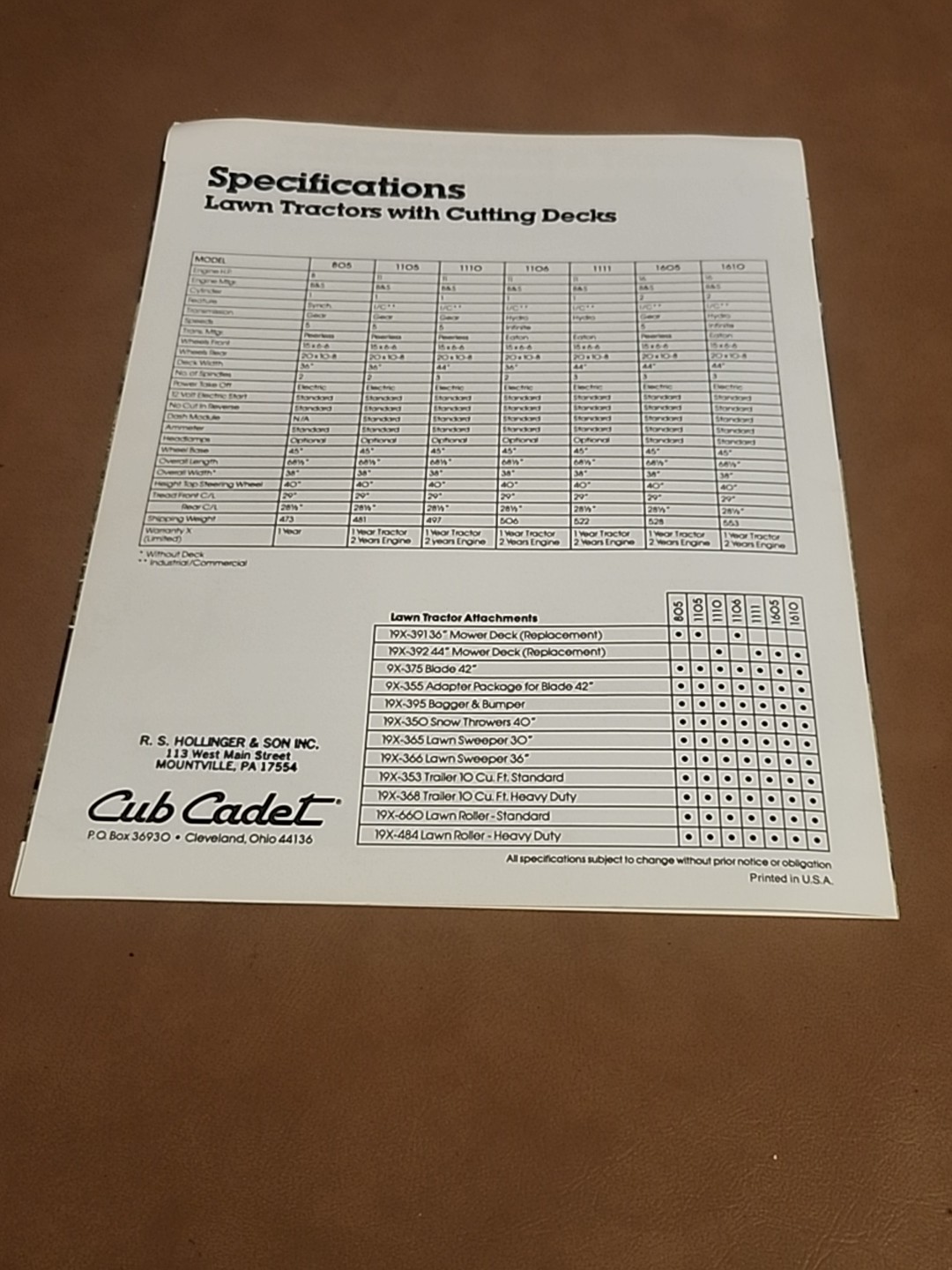 Cub Cadet 805 1105 1110 1106 1111 1605 1610 Lawn Tractor BROCHURE FREE SHIPPING