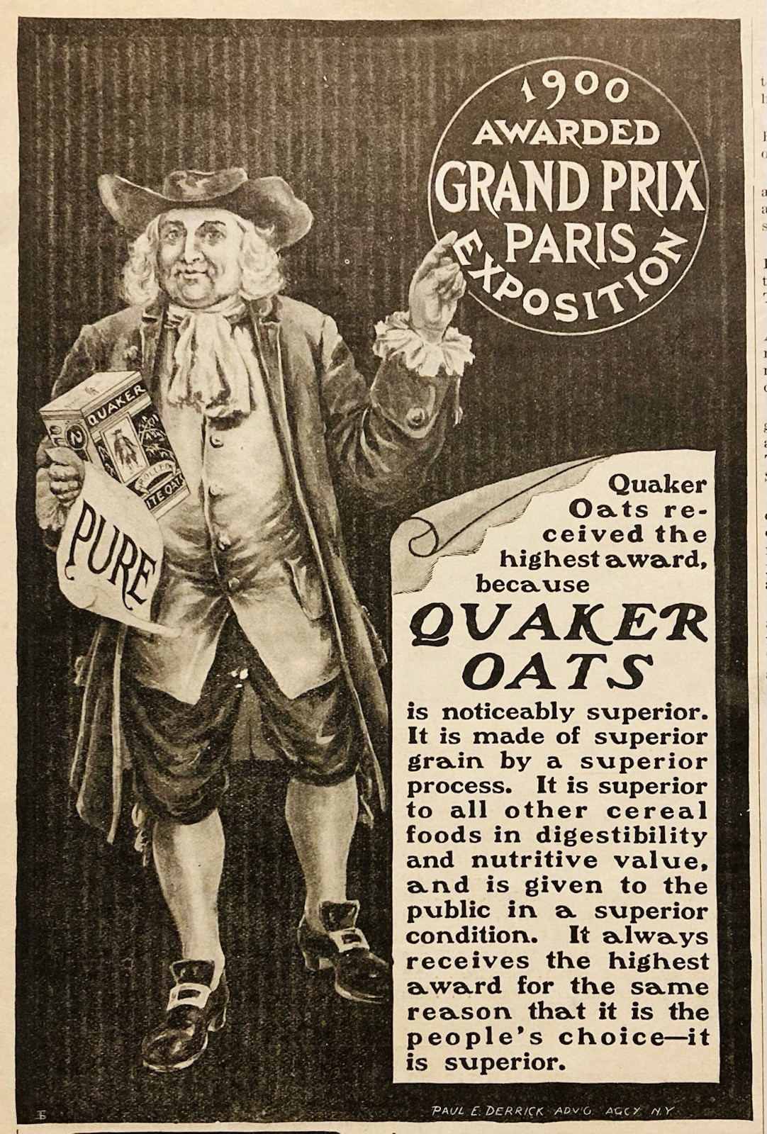 1900 AD.(PC5)~QUAKER OATS CO. AWARDED HIGHEST HONOR AT GRAND PRIX AT PARIS EXPO