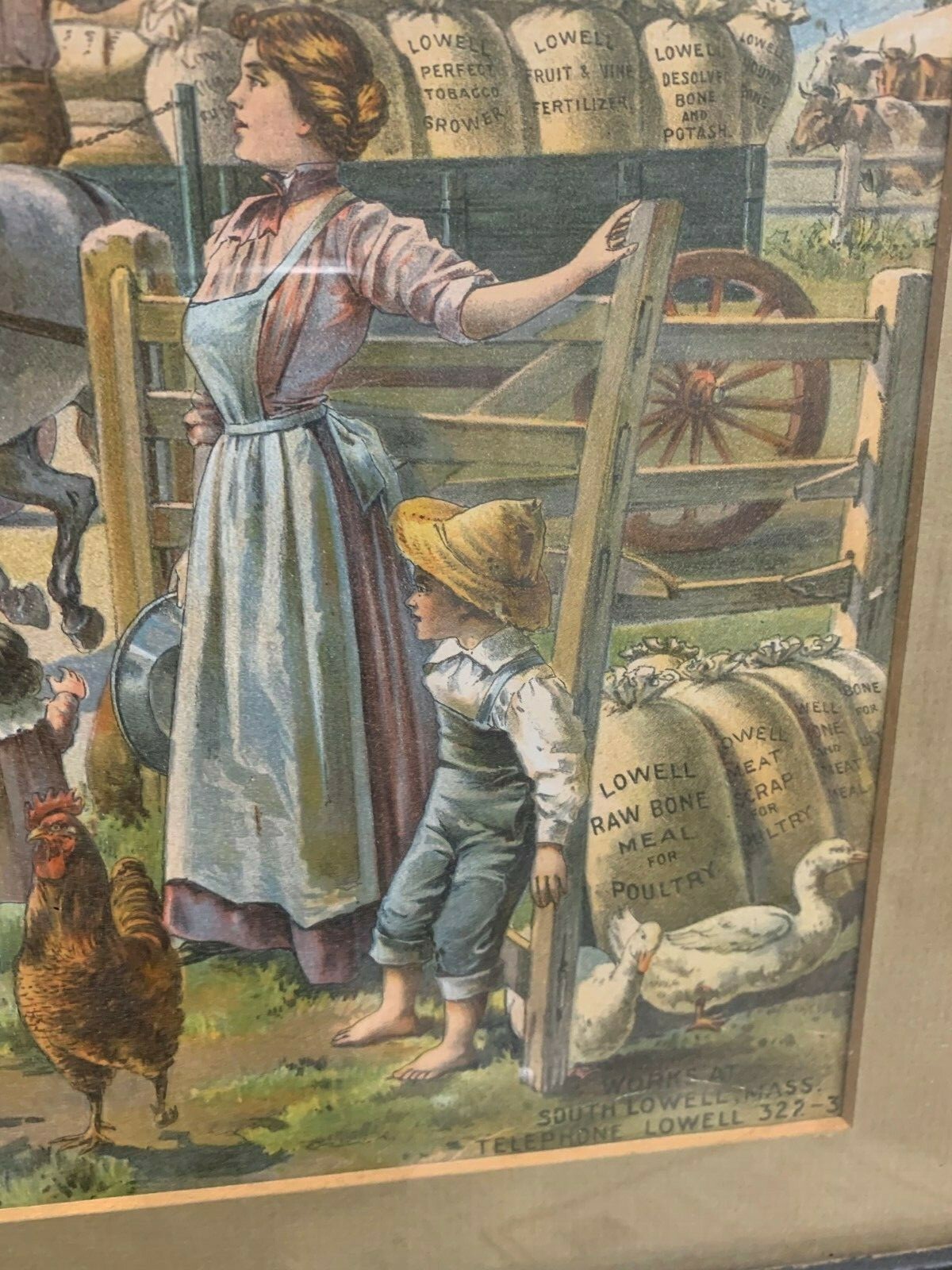 Rare Vintage Lowell Fertilizer Co. Litho Framed Sign FARM GAS OIL SODA COLA 17″