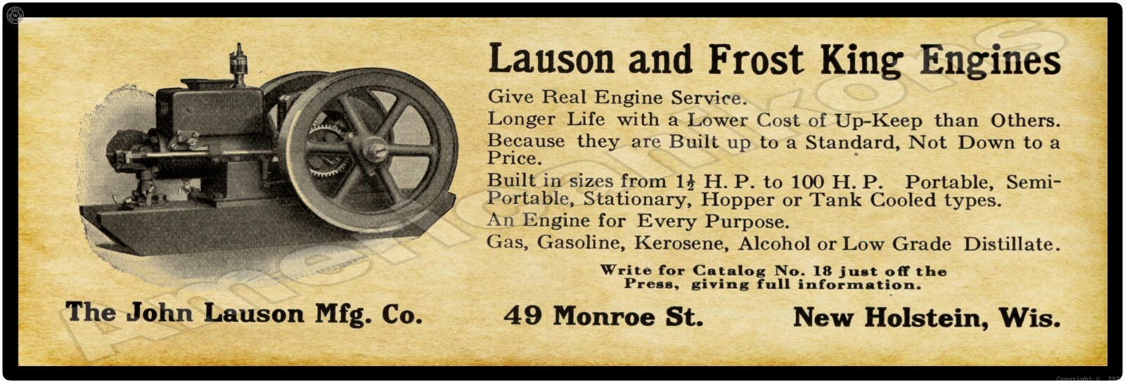 1916 Lauson Frost King Gas Engines New Metal Sign: 6 x 18″ – New Holstein WI