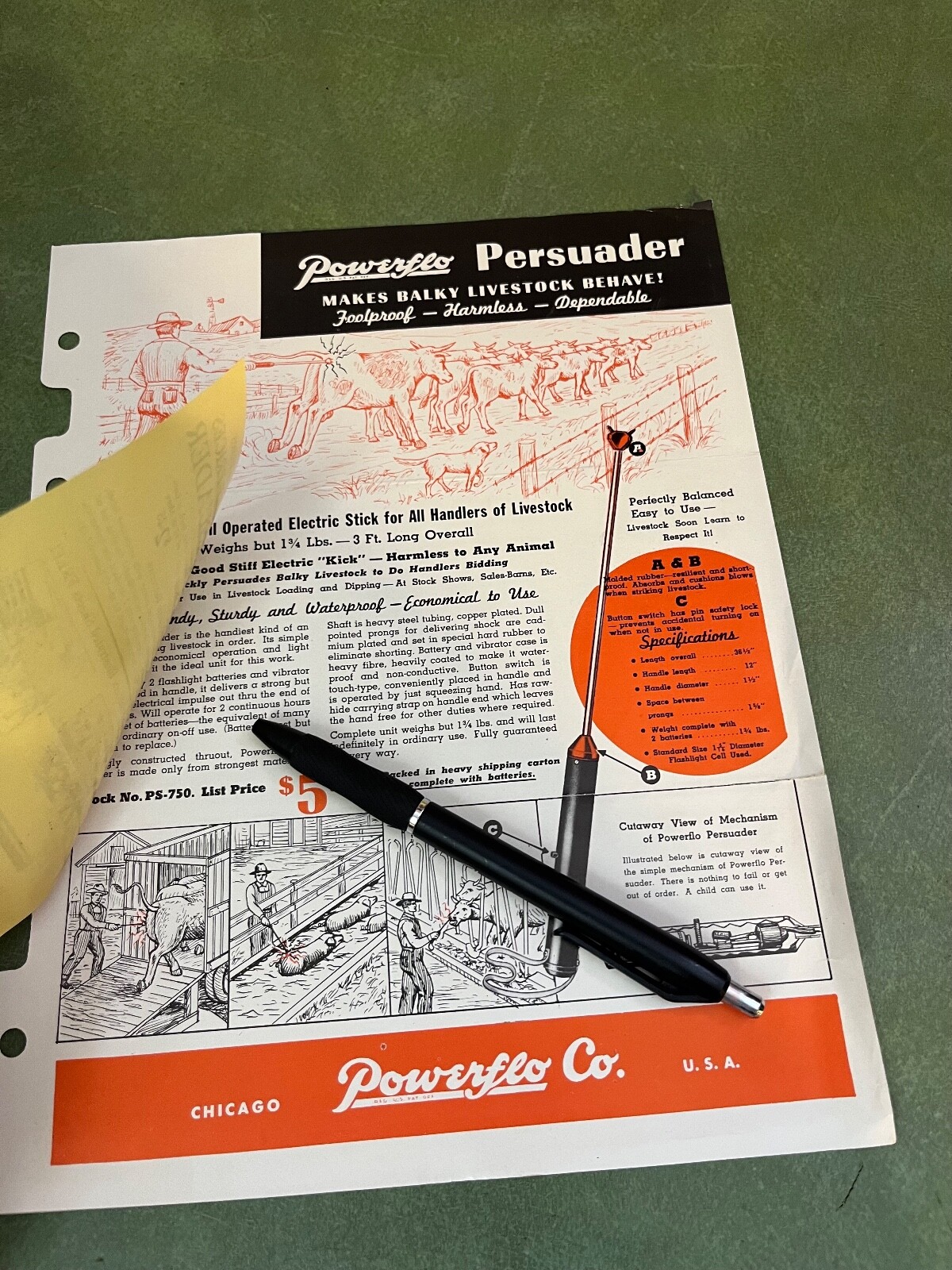 Original Powerflo Persuader Live Stock Cattle Prod Single Page Brochure