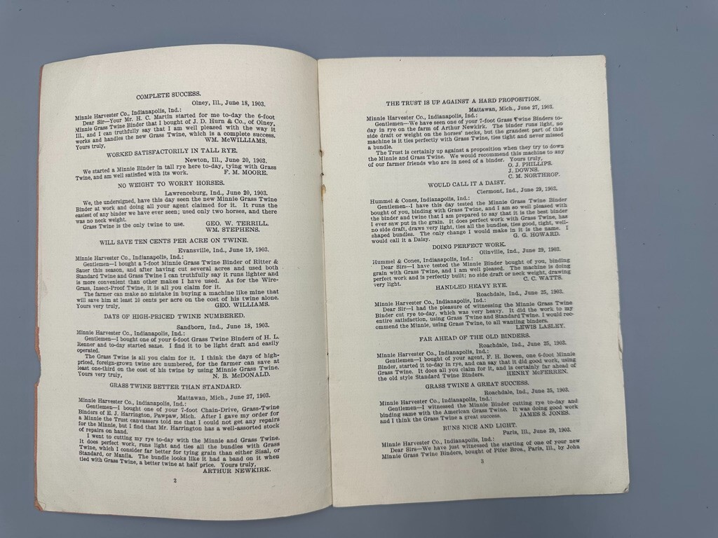 1903 MINNIE HARVESTER – INDIANAPOLIS IN Advertising AMERICAN FARM v Binder Trust