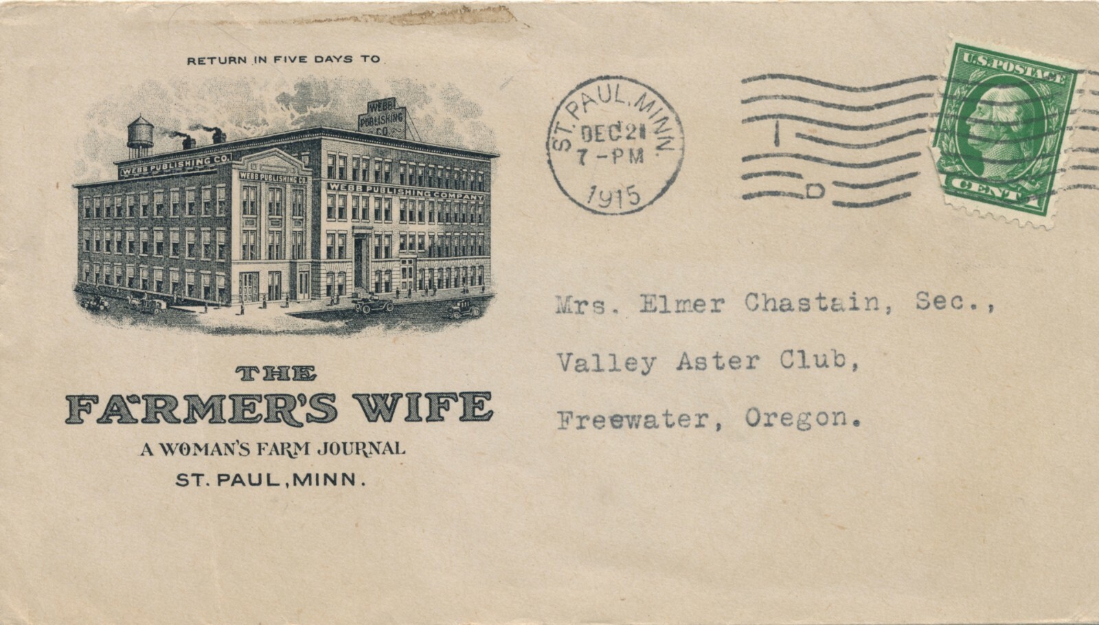 1915 The Farmer’s Wife Farm Journal Envelope Only Freewater, OR
