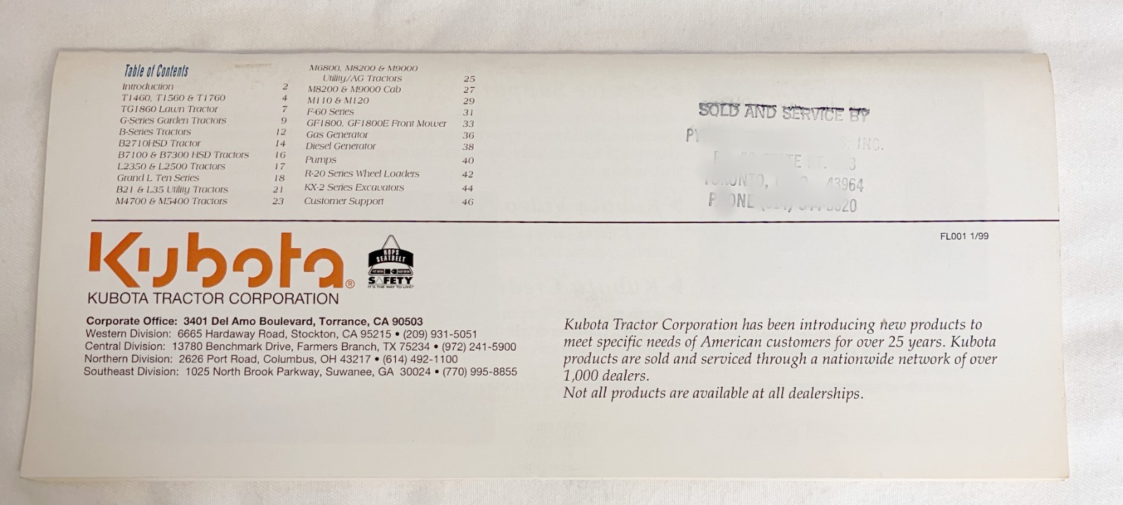 Kubota 1999 Products 48 pages Page Literature Guide 9″ x 4″ *NEW*