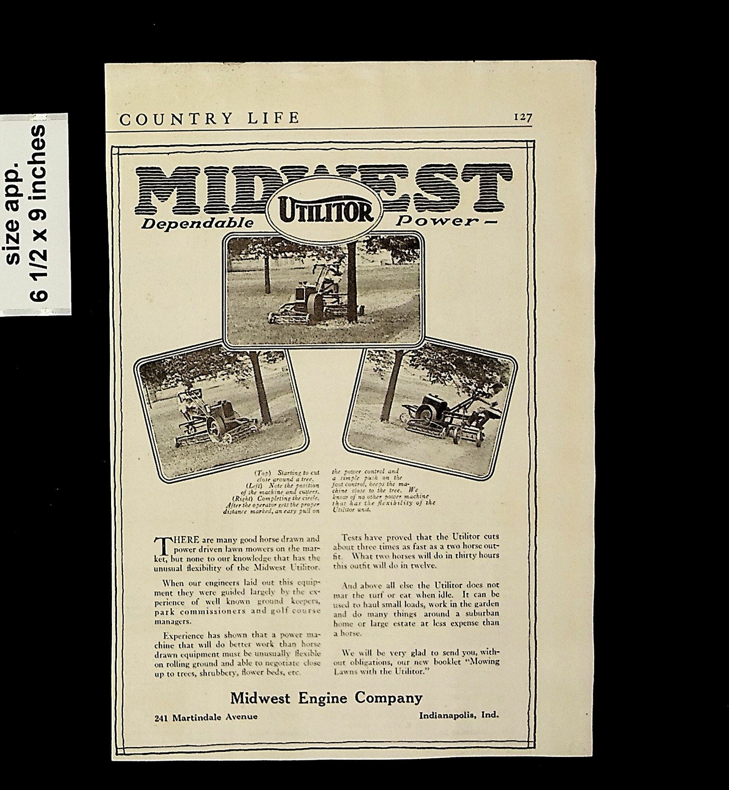 1921 Utilitor Midwest Engine Lawn Mower Vintage Print Ad 14082
