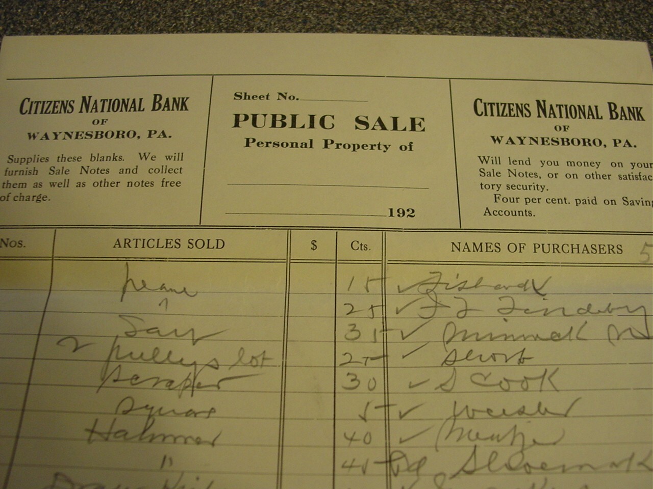 ANTIQUE 1920’s PUBLIC SALE Personal List Citizens Bank National Waynesboro PA