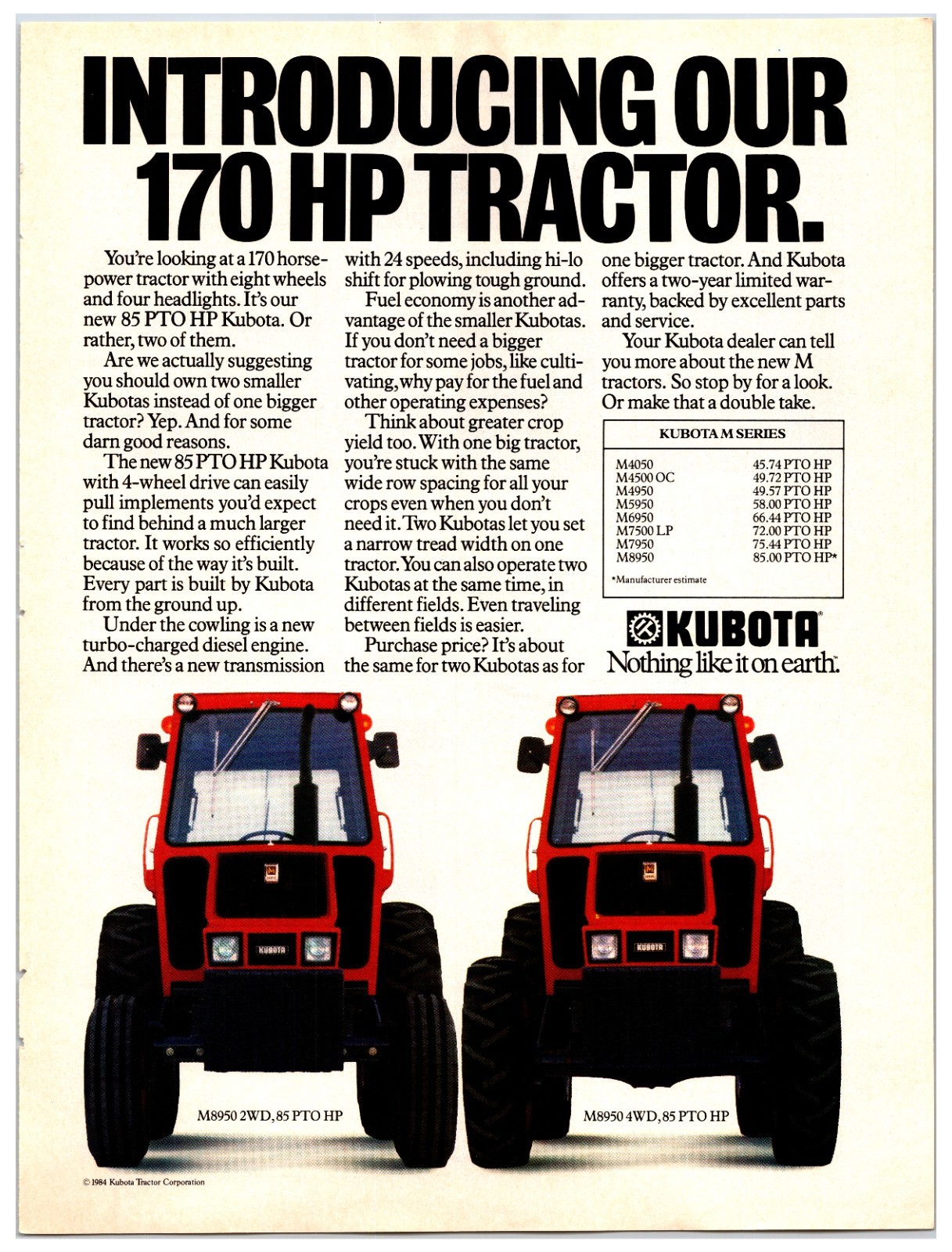 Original 1984 Kubota M8950 Tractor Ad- Print Advertisement (8in x 11in)