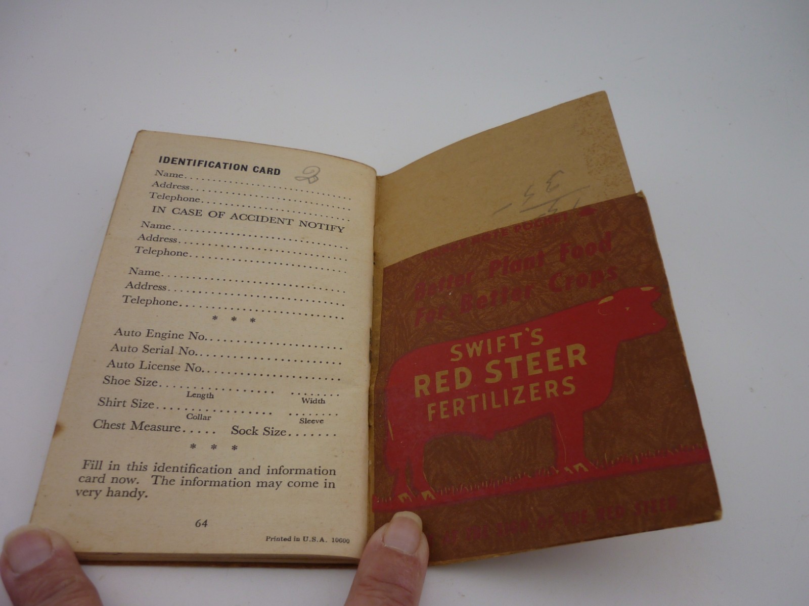 1946 Swift’s Red Steer Fertilizers Pocket Book Farm Advertising Memorandum