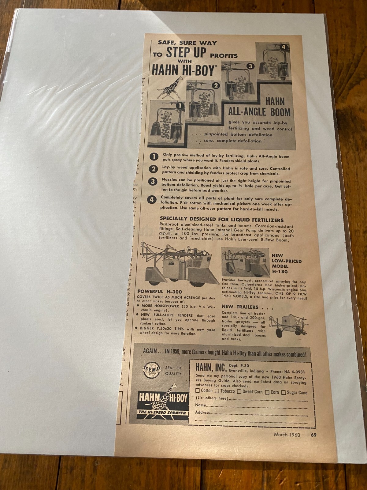 Vintage 1960 Hahn Hi-Boy Fertilizer Spreader Step Up Profits ad