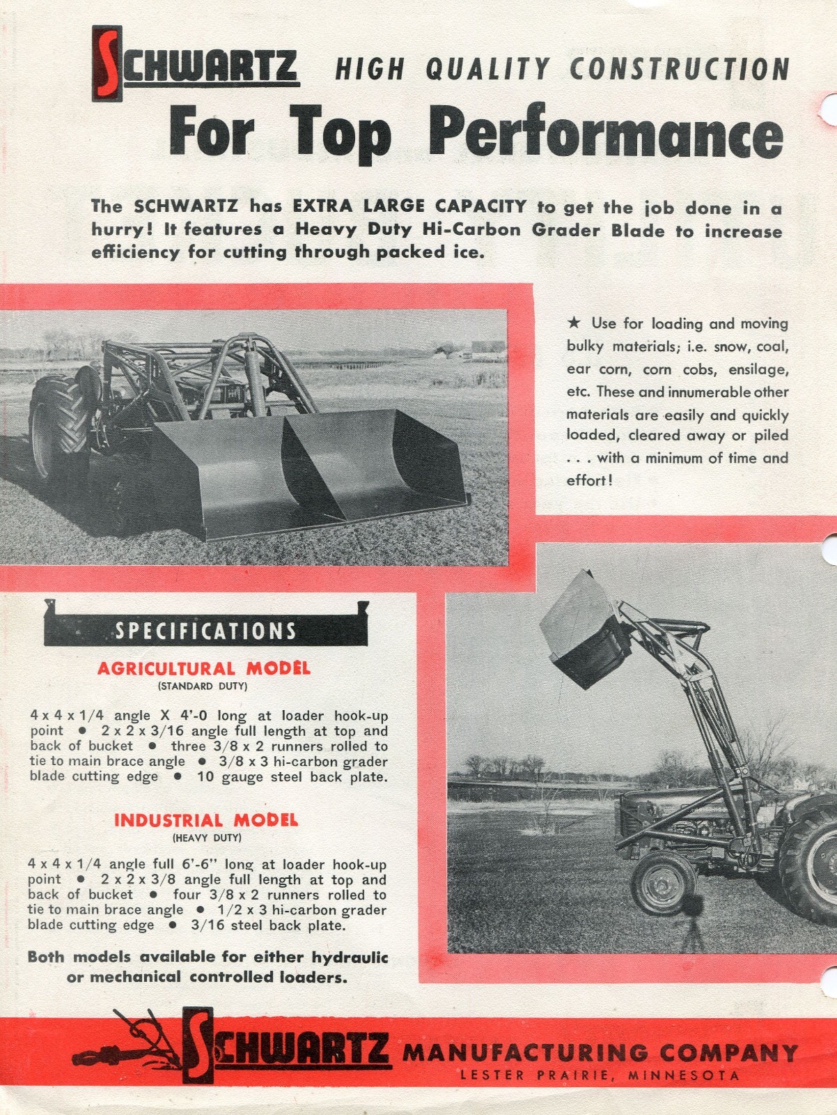 1960’s Print Ad Brochure of ER Schwartz Tractor Utility Bucket Tuffy & U34
