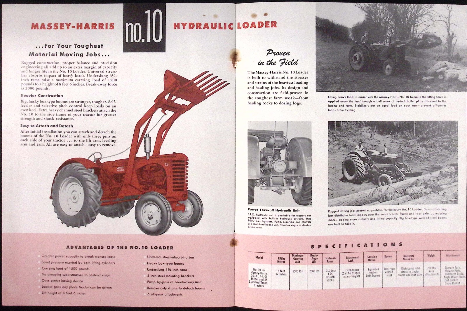 1954 Massey Harris Hydraulic Farm Loaders No.2 No.5 No.10 Dealer Brochure