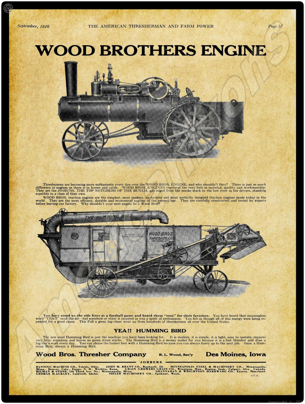 1916 Wood Brothers Thresher New Metal Sign: Traction Engine & Hummingbird