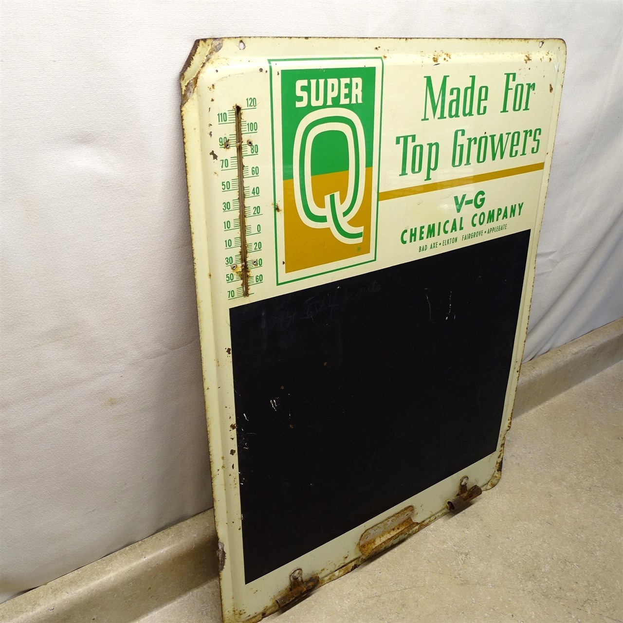 Vintage Super Q Fertilizer Sign Therm, V-G Chem. Co. Ag-Farm Ad, Metal 18″ X 24″