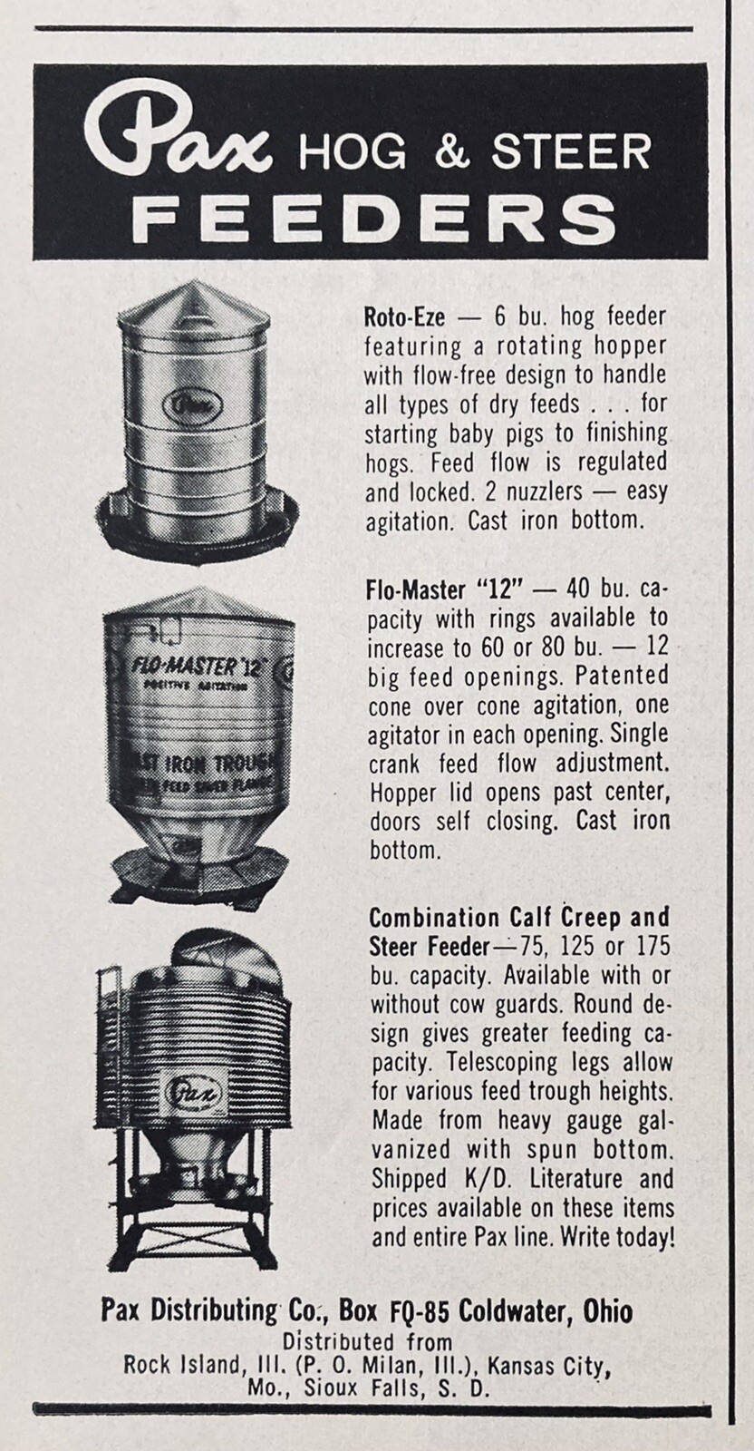 1965 AD.(XH48)~PAX DISTRIBUTING CO. COLDWATER, OHIO. PAX HOG & STEER FEEDERS
