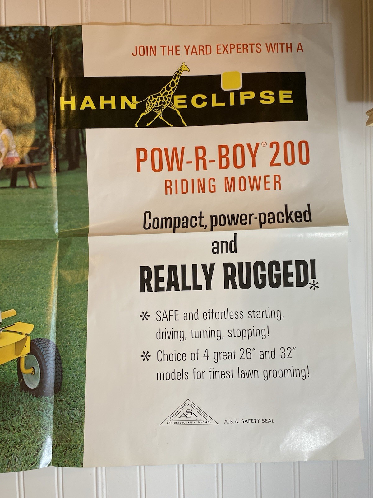 RARE Vintage Hahn Eclipse Pow-R-Boy 200 Riding Mower Advertising Sign 28″x21″