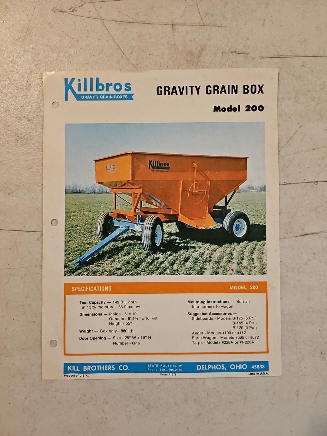 Original Killbros Model 200 Gravity Grain Box Sales Brochure Spec Sheet # 71878