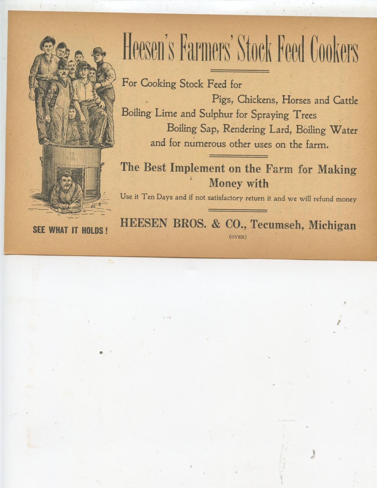 VINTAGE “HEESEN’S FARMERS’ STOCK FEED COOKERS” ORDER FORM (TECUMSEH, MICHIGAN)