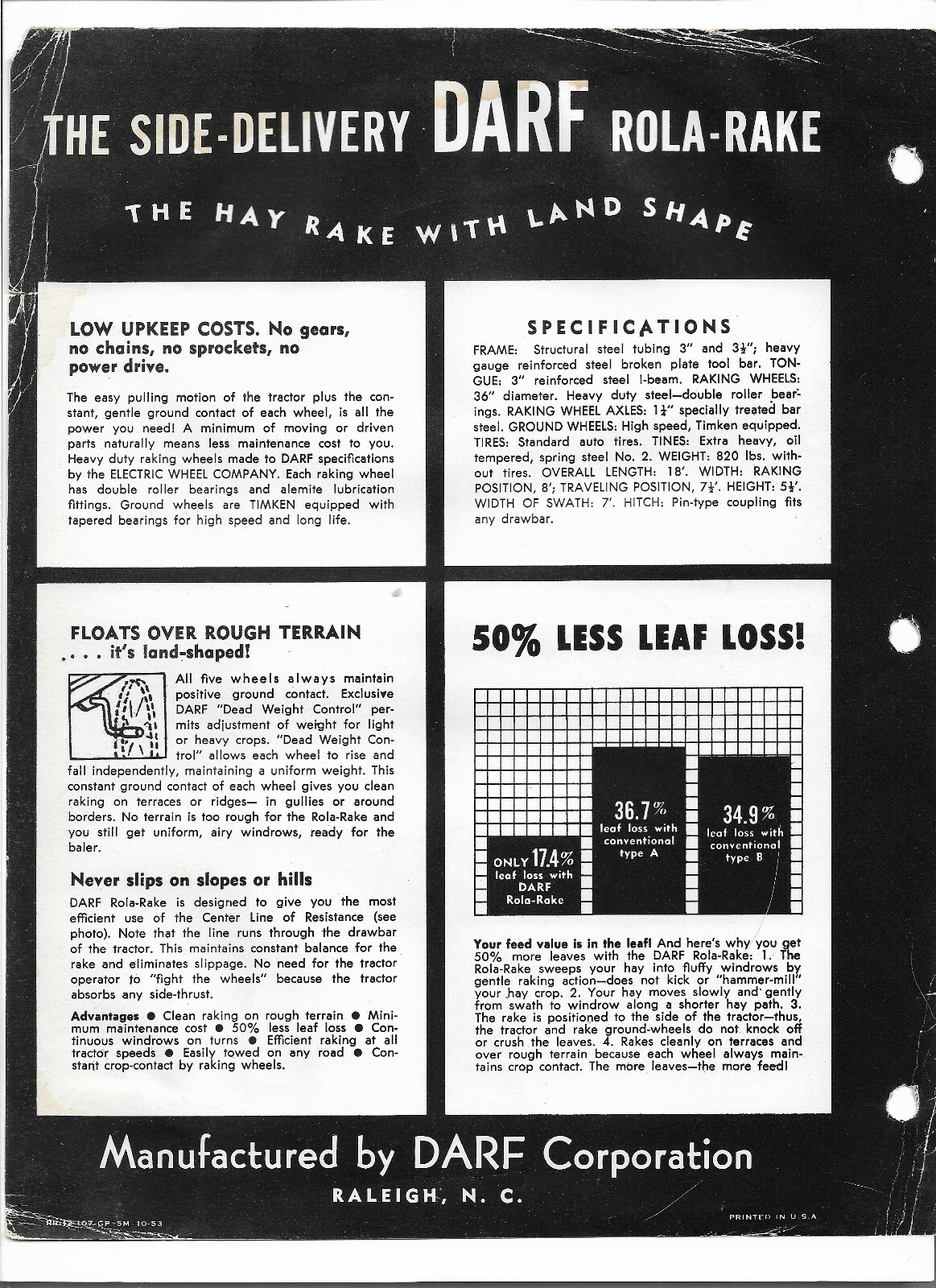 Original OE Darf Side Delivery Rola-Rake Sales Brochure Spec Sheet RR-12-10-7-GP